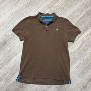 American Eagle Men Y2K Brown The Eagle Polo Shirt Vintage Fit Pique Cotton Large